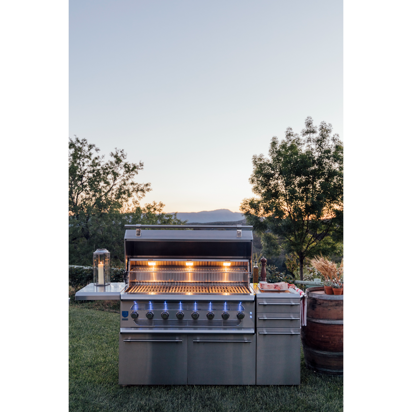 American Made Grills Muscle 54-inch freestanding hybrid propane grill with stainless steel construction and premium accessories