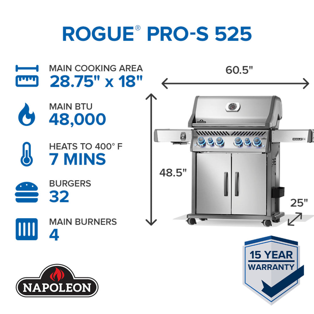 Napoleon Rogue PRO-S 525 Liquid Propane Grill with Infrared Side and Rear Burners - Stainless Steel