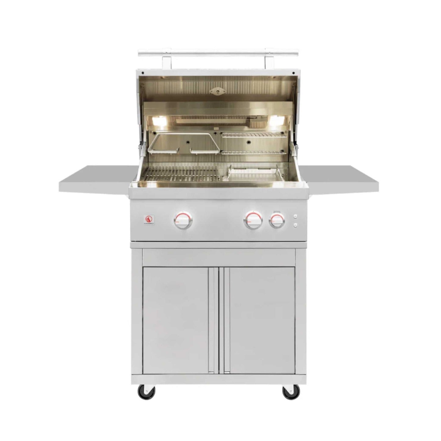 Summerset Quest Deluxe Grill Cart in stainless steel with fold-down shelves and locking caster wheels for Quest 30" Grill
