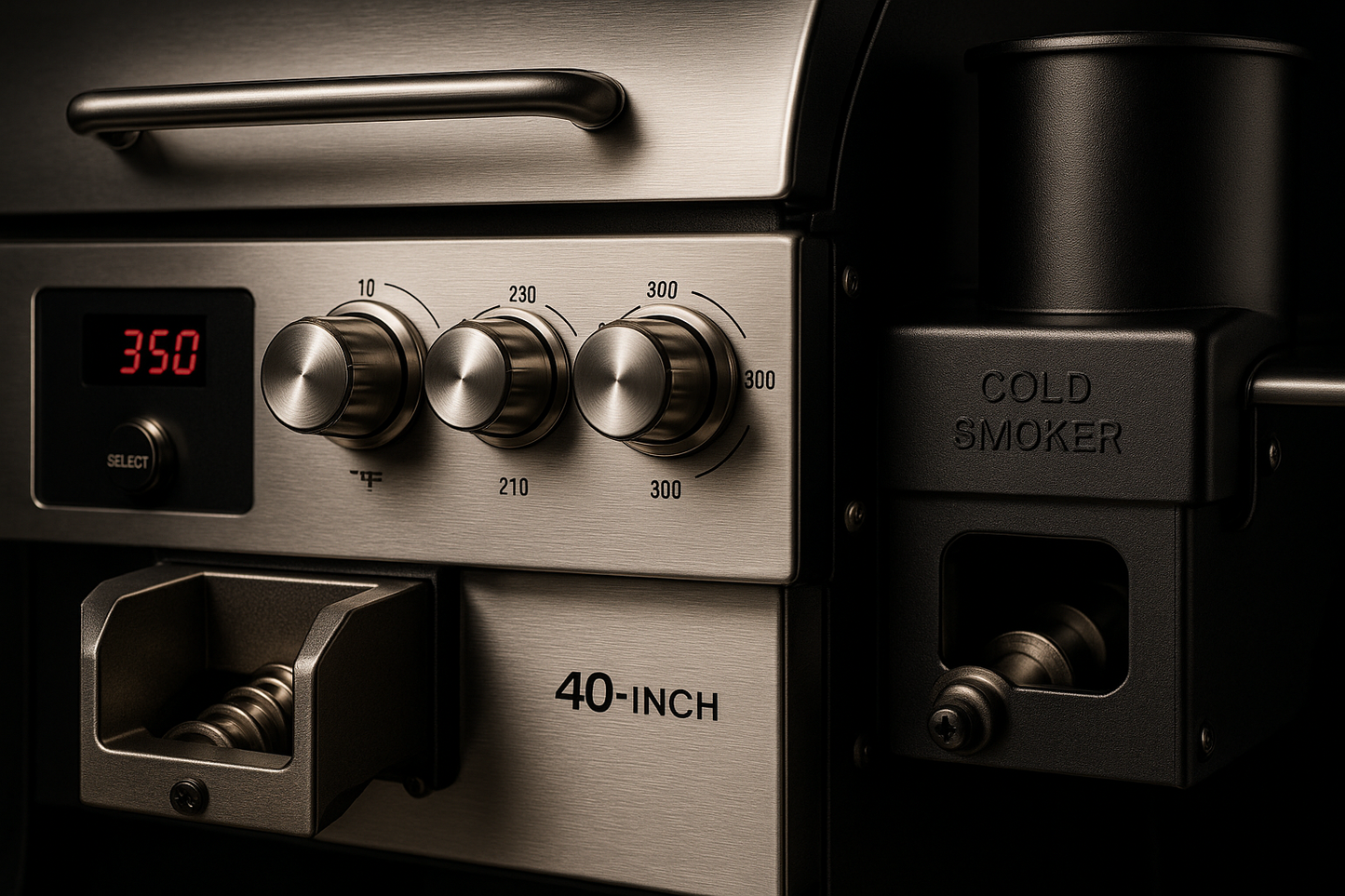 Close-up detail shot focusing on the control knobs, stainless finish, and pellet feed area of a 40 inch electric pellet grill with Cold Smoker.