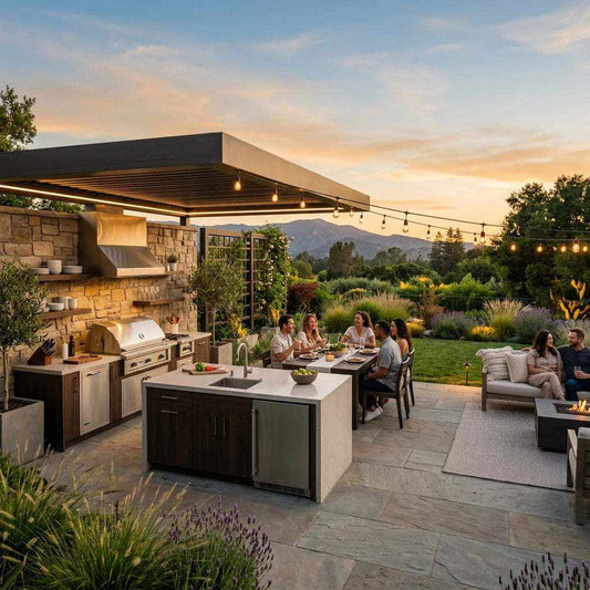 2026 Outdoor Kitchen Trends featuring a modern stone outdoor kitchen, island, dining area, and warm string lights