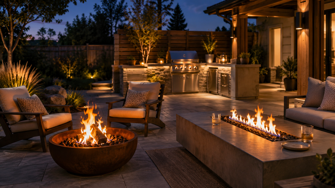 Modern residential patio with a low fire pit and a table-style fire feature near outdoor lounge seating