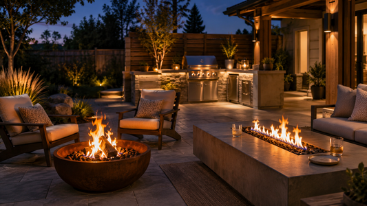 Modern residential patio with a low fire pit and a table-style fire feature near outdoor lounge seating