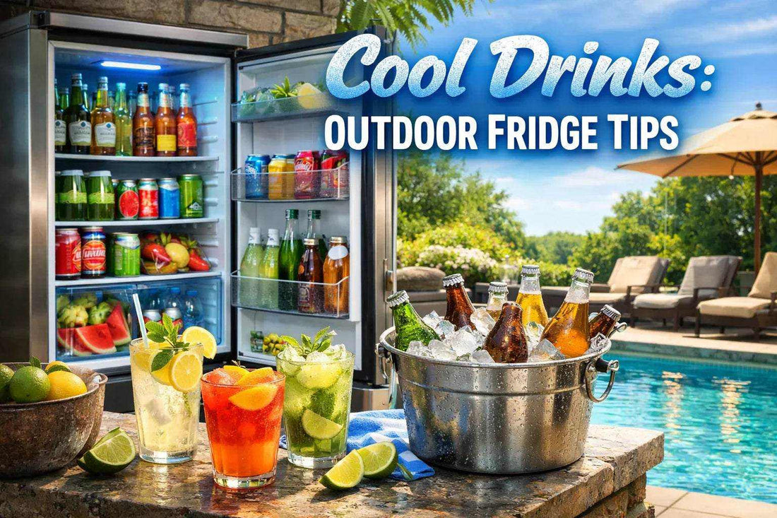 Cool Drinks: Outdoor Fridge Tips featuring an open outdoor fridge with colourful beverages, fruit, and iced bottled drinks
