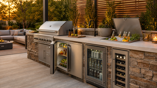 Luxury backyard outdoor kitchen with a built-in grill island, outdoor refrigerator, glass-door beverage fridge, wine cooler, and ice-filled drop-in cooler.