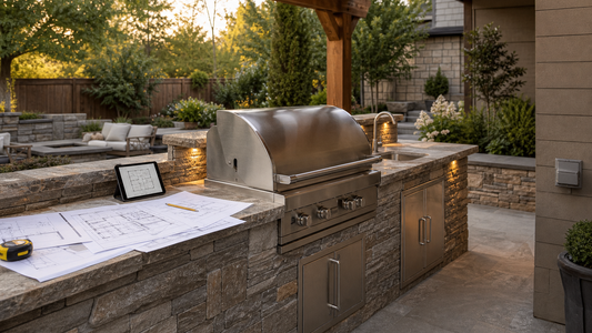 Outdoor kitchen island with a built-in stainless steel grill, sink, stone cabinetry, and planning materials spread across the countertop.