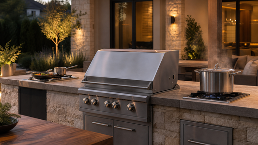 Premium residential outdoor kitchen with a built-in grill, a side burner holding small pans, and a power burner holding a large stock pot.
