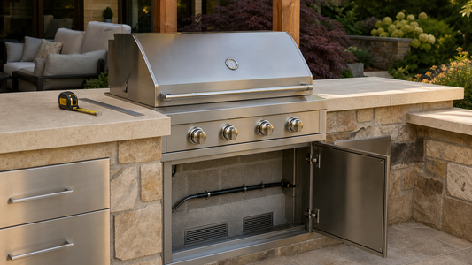 Stainless steel built-in grill set into a stone outdoor kitchen island with an open lower cavity, utility routing, and low ventilation grilles visible.
