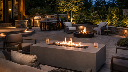 A lounge-height fire table with a small linear flame anchors a stone patio seating area, while a round fire pit sits farther back near a second seating zone.