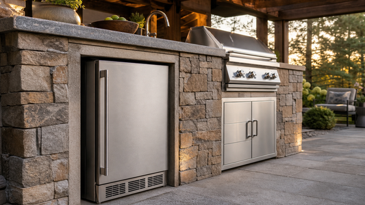 Stainless steel outdoor refrigerator with an unobstructed lower front grille installed in a stone backyard grill island.