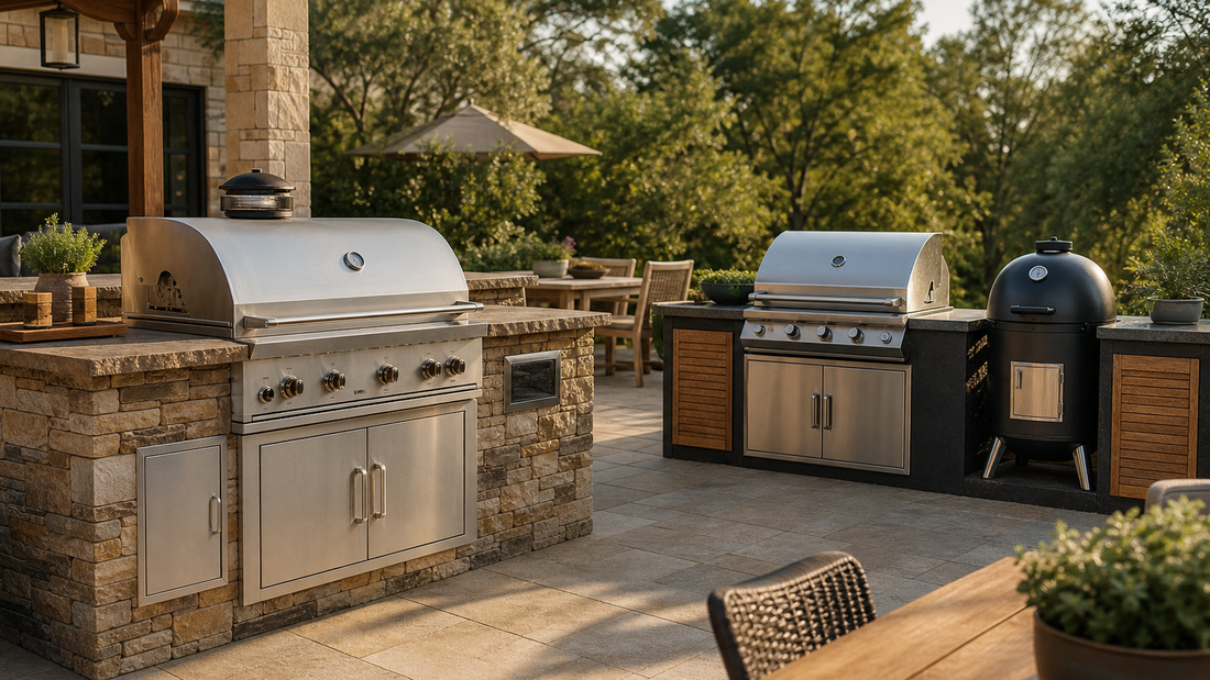 Premium residential outdoor kitchen with a built-in stainless-steel hybrid grill beside separate stainless-steel grill and charcoal smoker stations.