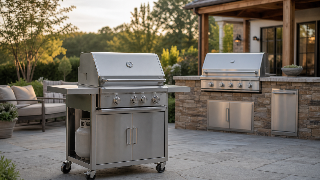 A stainless steel grill installed in a matching wheeled cart on a residential stone patio, with a separate built-in grill in a masonry outdoor kitchen behind it.