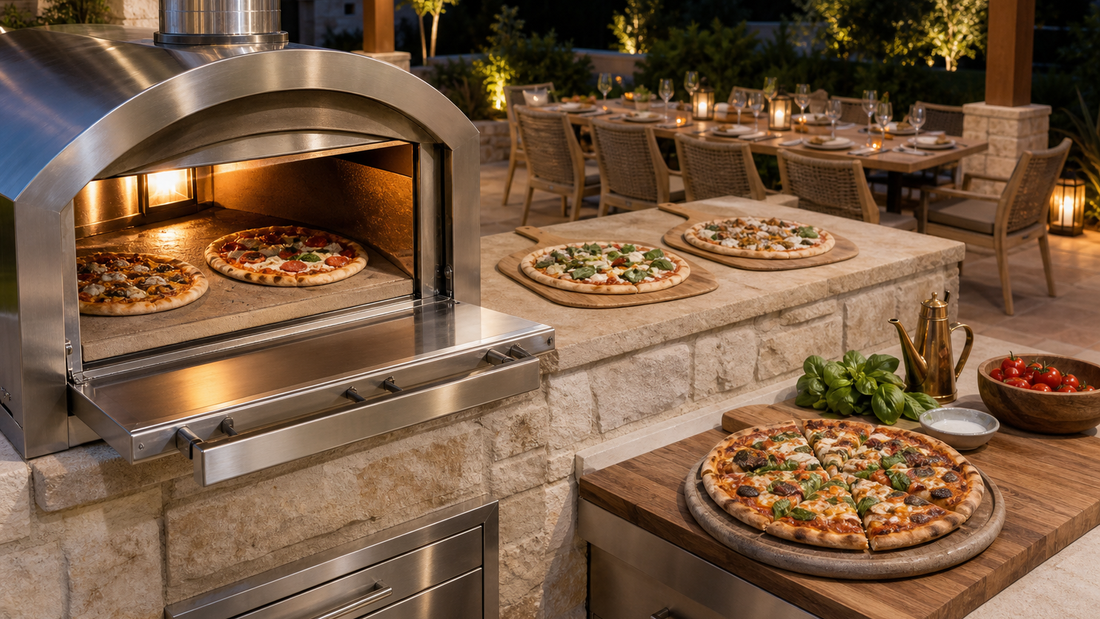 Built-in stainless steel pizza oven in a stone outdoor kitchen with two pizzas cooking inside and additional pizzas staged on the adjacent prep counter.