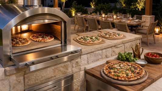 Built-in stainless steel pizza oven in a stone outdoor kitchen with two pizzas cooking inside and additional pizzas staged on the adjacent prep counter.
