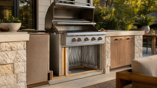 Built-in stainless steel grill with a visible insulated liner inside a stone and wood backyard kitchen island.