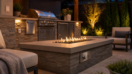 Gas fire table with stone veneer, gray countertop, linear flame burner, and visible fire pit ignition systems control panel