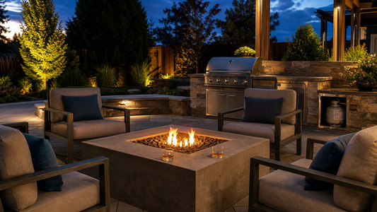 Fire Pits & Fire Tables guide featuring a square stone fire table with flames, drinks, and lounge seating
