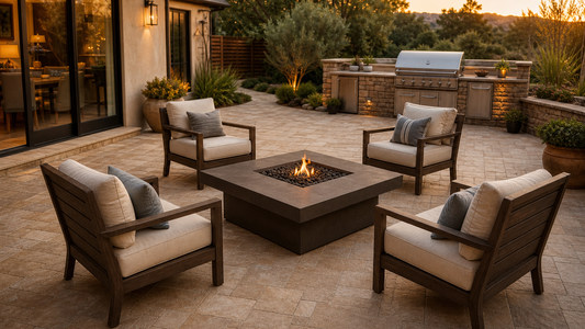 Fire Table Size Guide featuring a square dark stone fire table with central flames and four cushioned wood chairs