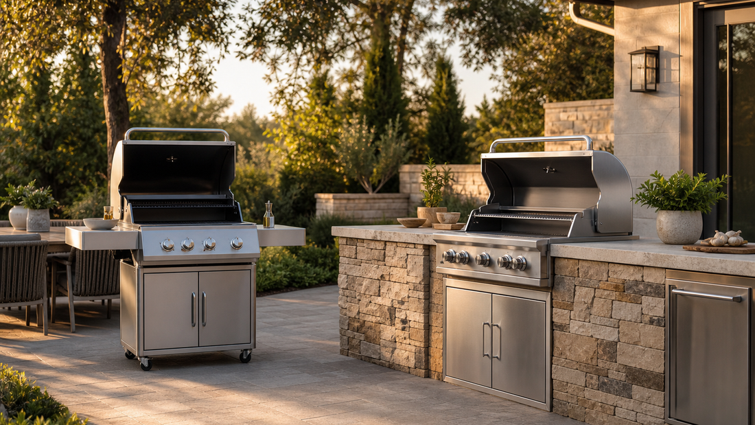 Freestanding gas grills and built-in stainless steel gas grill with open lids, multiple burners, and storage cabinets