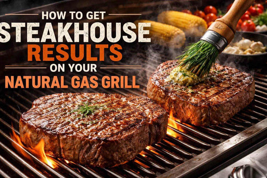 Gas Grill, Steakhouse Results graphic with two grilled steaks, visible char marks, herbs, and a basting brush