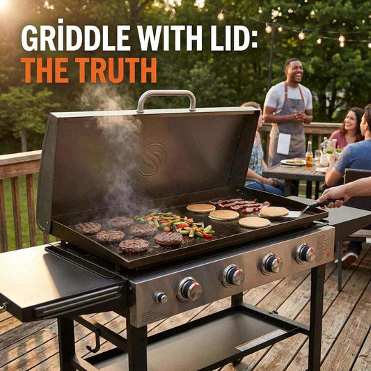 Griddle Lid: Worth It or Not? outdoor gas griddle with raised metal lid cooking burgers, pancakes and vegetables