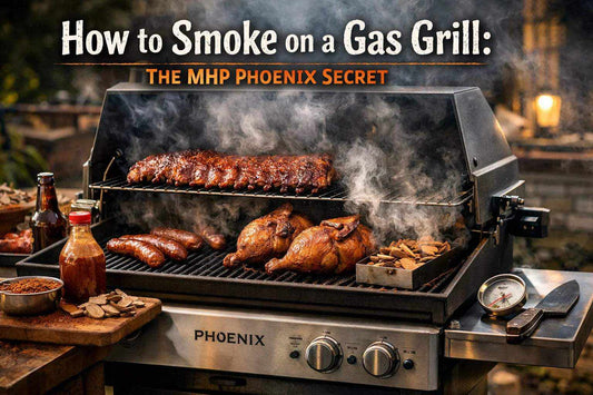 How to Smoke on a Gas Grill with a stainless steel barbecue cooking ribs, sausages and chicken over visible smoke