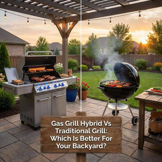 Hybrid vs Traditional Grill Guide comparing a stainless steel gas grill with a black charcoal kettle grill outdoors