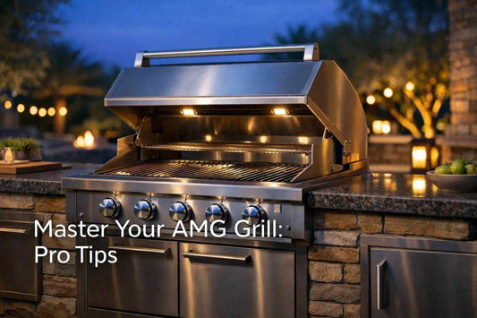 Master Your AMG Grill: Pro Tips featuring a stainless steel built-in gas grill with hood, burners, and control knobs
