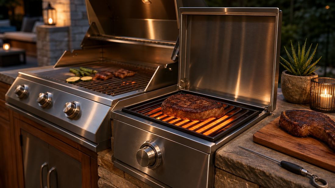 Napoleon infrared burners in stainless steel, with a glowing grate searing a burger beside a gas grill