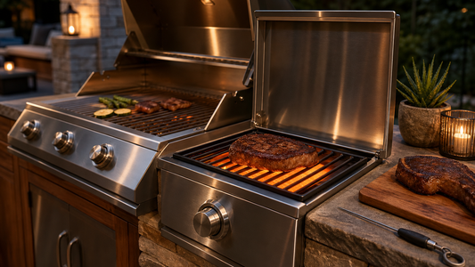 Napoleon infrared burners in stainless steel, with a glowing grate searing a burger beside a gas grill