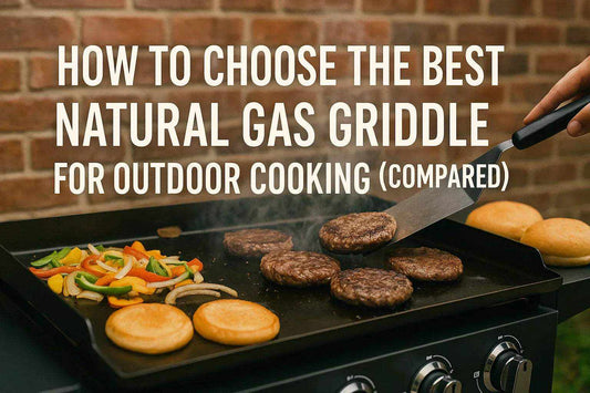 Natural Gas Griddle Buying Tips graphic showing burgers, vegetables and buns cooking on a black outdoor griddle