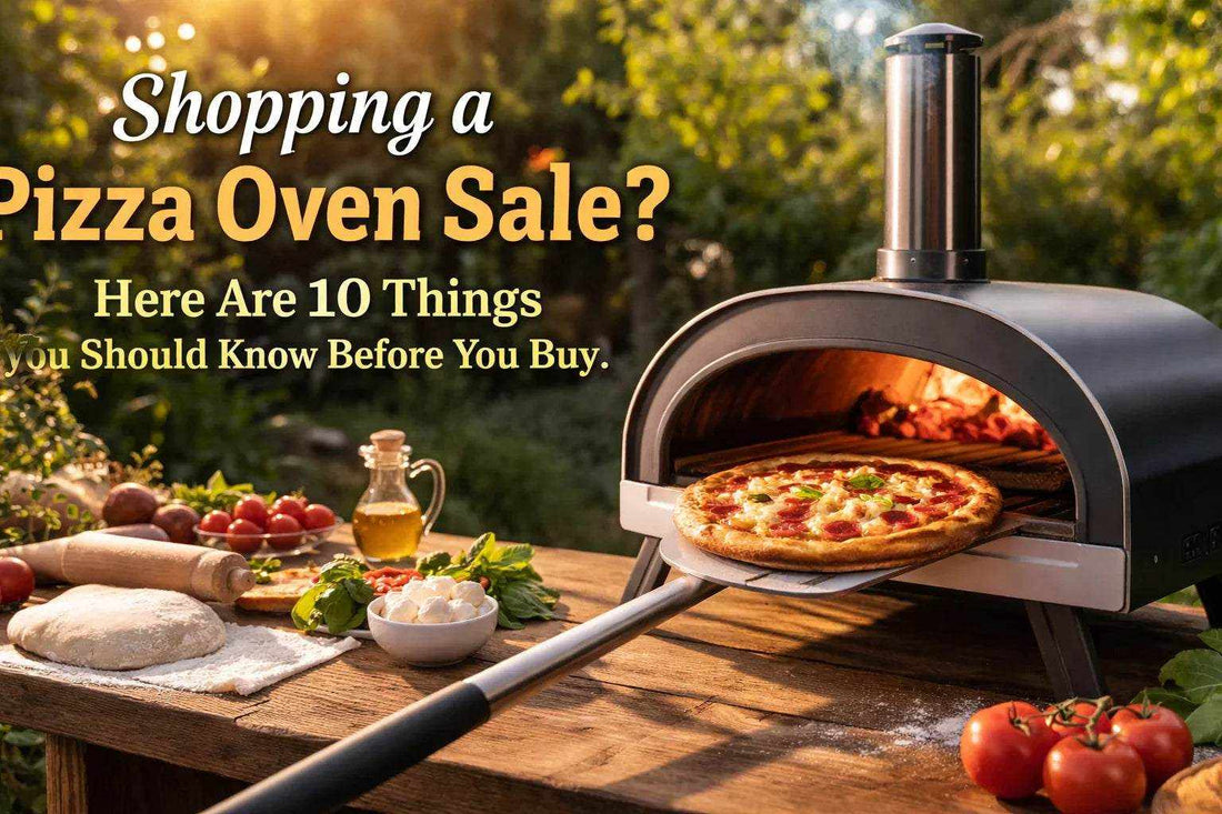 Pizza oven sale tips & tricks title graphic with a black metal outdoor oven, chimney, and baked pizza on a peel
