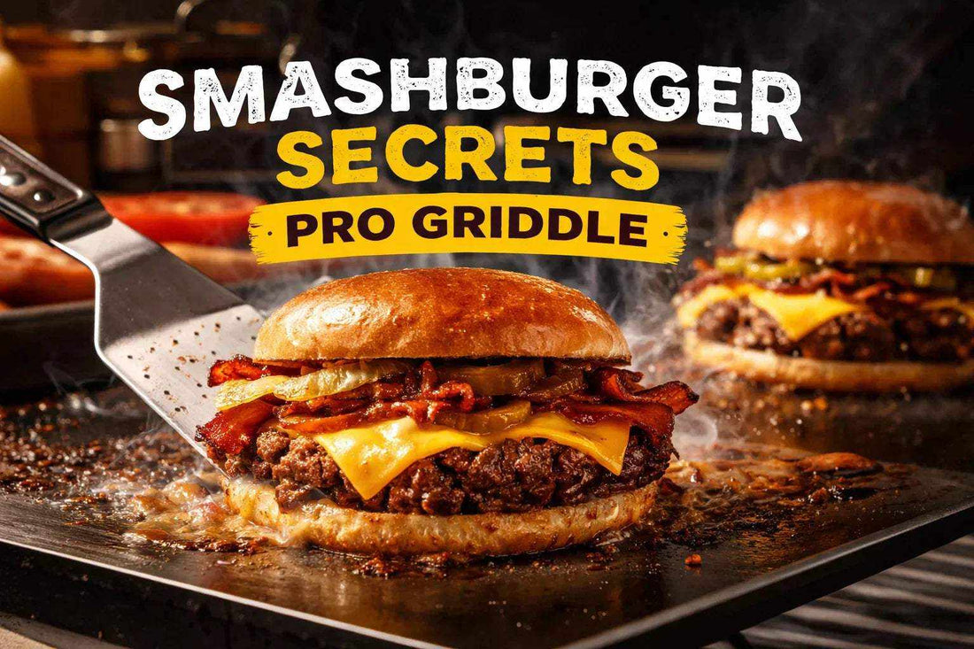 Smashburger Secrets: Pro Griddle graphic featuring a juicy cheeseburger with bacon, melted cheese, and toasted bun