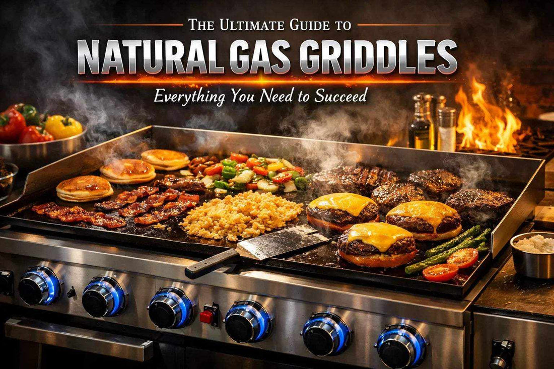The Ultimate Guide to Natural Gas Griddles cover featuring a stainless steel griddle with burgers, steak, eggs and vegetables