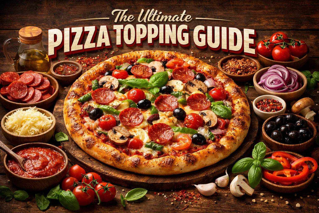 The Ultimate Pizza Topping Guide featuring a loaded round pizza with pepperoni, mushrooms, tomatoes, olives and basil