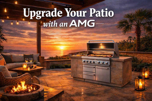 Upgrade Your Patio with an AMG featuring a stainless steel built-in gas grill with multiple burners and side counters