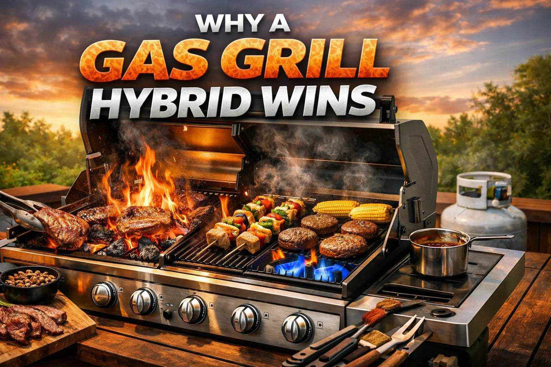 Why a Gas Grill Hybrid Wins graphic with stainless steel grill cooking meat, skewers, burgers and corn over gas and charcoal flames