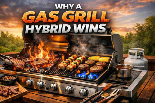 Why a Gas Grill Hybrid Wins graphic with stainless steel grill cooking meat, skewers, burgers and corn over gas and charcoal flames