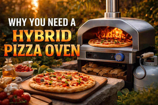 Why You Need a Hybrid Pizza Oven featuring a stainless steel oven with flames, pizza, wood logs, and controls