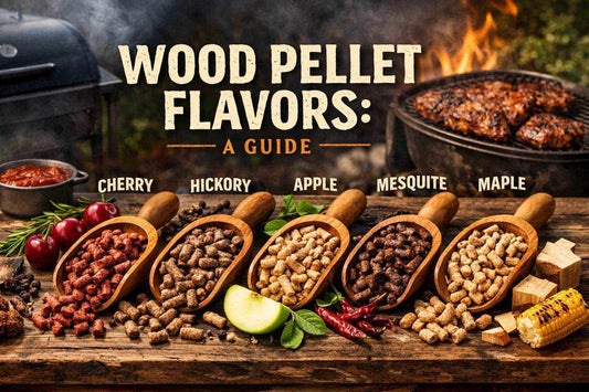 Wood Pellet Flavors: A Guide graphic showing five wood pellet varieties labelled cherry, hickory, apple, mesquite and maple