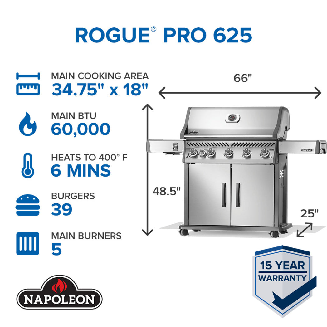 Napoleon Rogue PRO 525 Natural Gas Grill with Infrared Side Burner - Stainless Steel