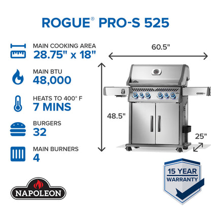 Napoleon Rogue PRO-S 525 Liquid Propane Grill with Infrared Side and Rear Burners - Stainless Steel