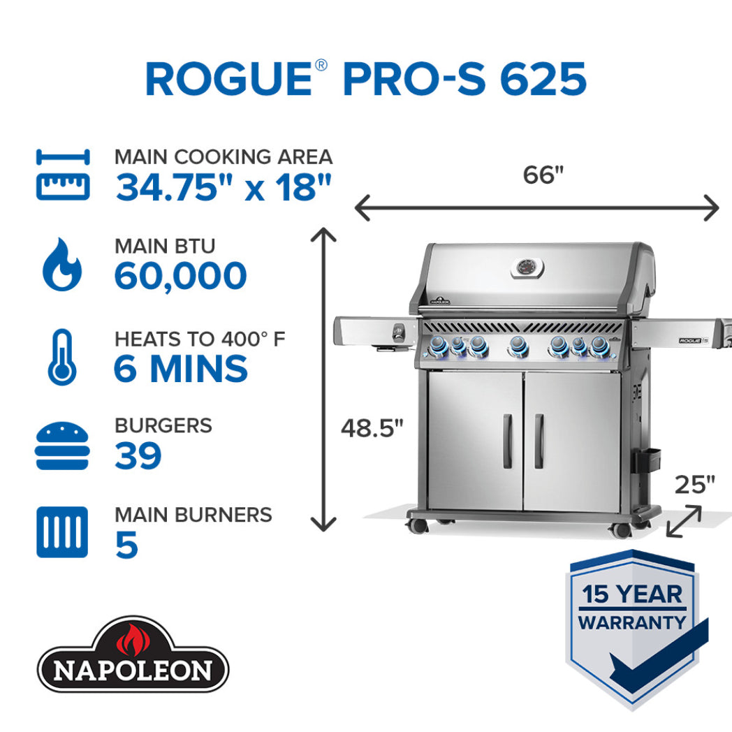 Napoleon Rogue PRO-S 625 Liquid Propane Grill with Infrared Side and Rear Burners - Stainless Steel