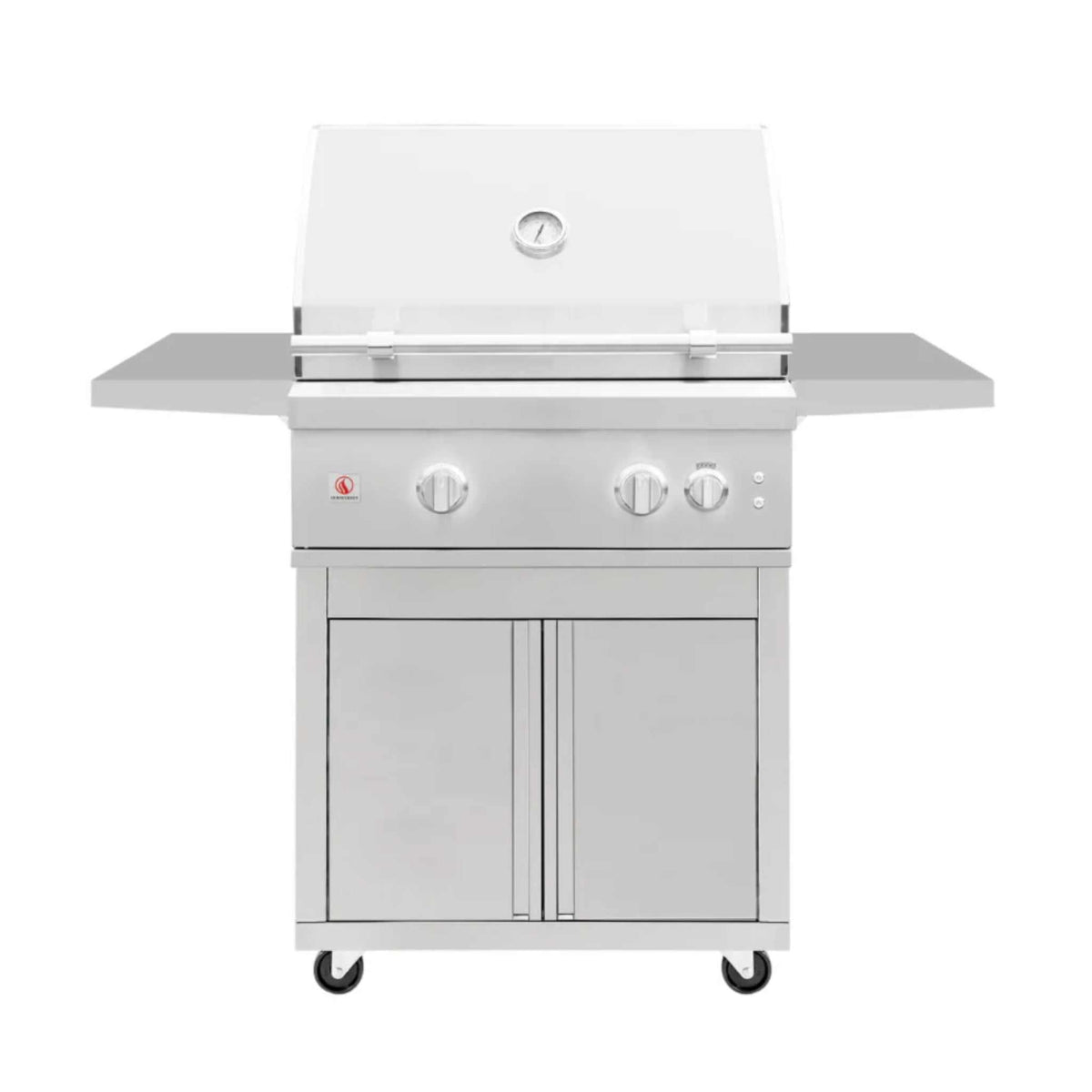 Quest 30″ Grill stainless steel cart with silver finish, hood, side shelves, storage doors, and caster wheels