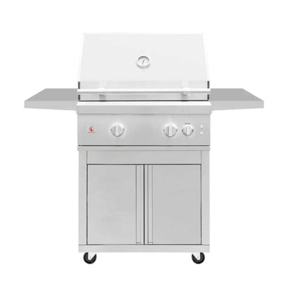 Quest 30″ Grill stainless steel cart with silver finish, hood, side shelves, storage doors, and caster wheels