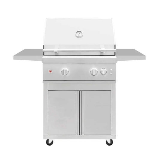 Quest 30″ Grill stainless steel cart with silver finish, hood, side shelves, storage doors, and caster wheels