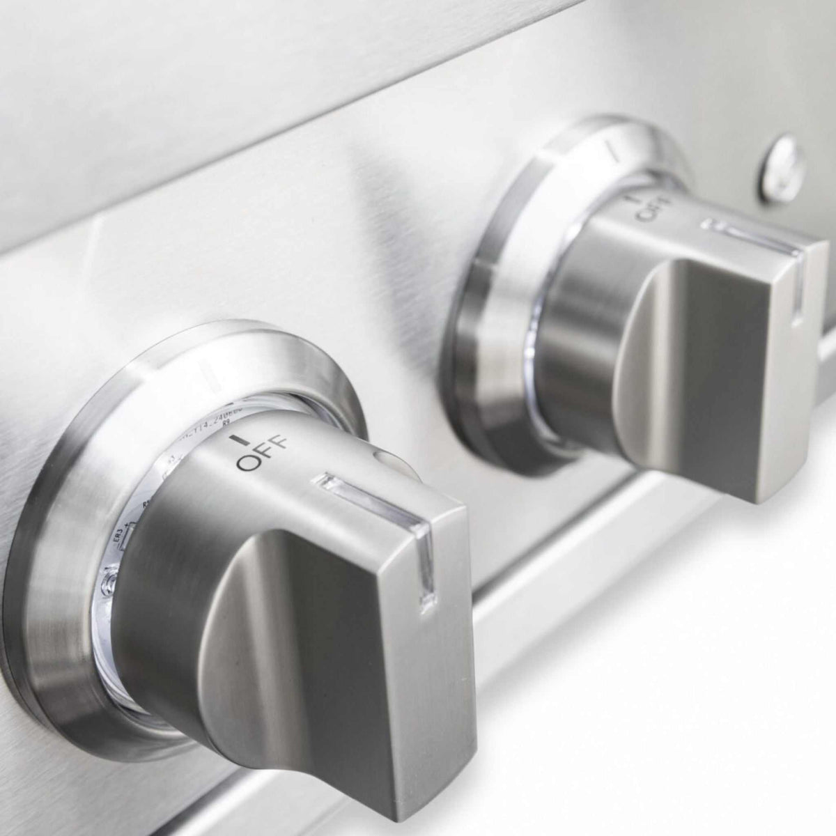 Summerset Pro Power Burner stainless steel dual heat control knobs with OFF markings and polished bezels