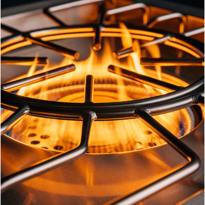 Summerset Pro Power Burner with stainless steel dual-ring grate and bright orange gas flame