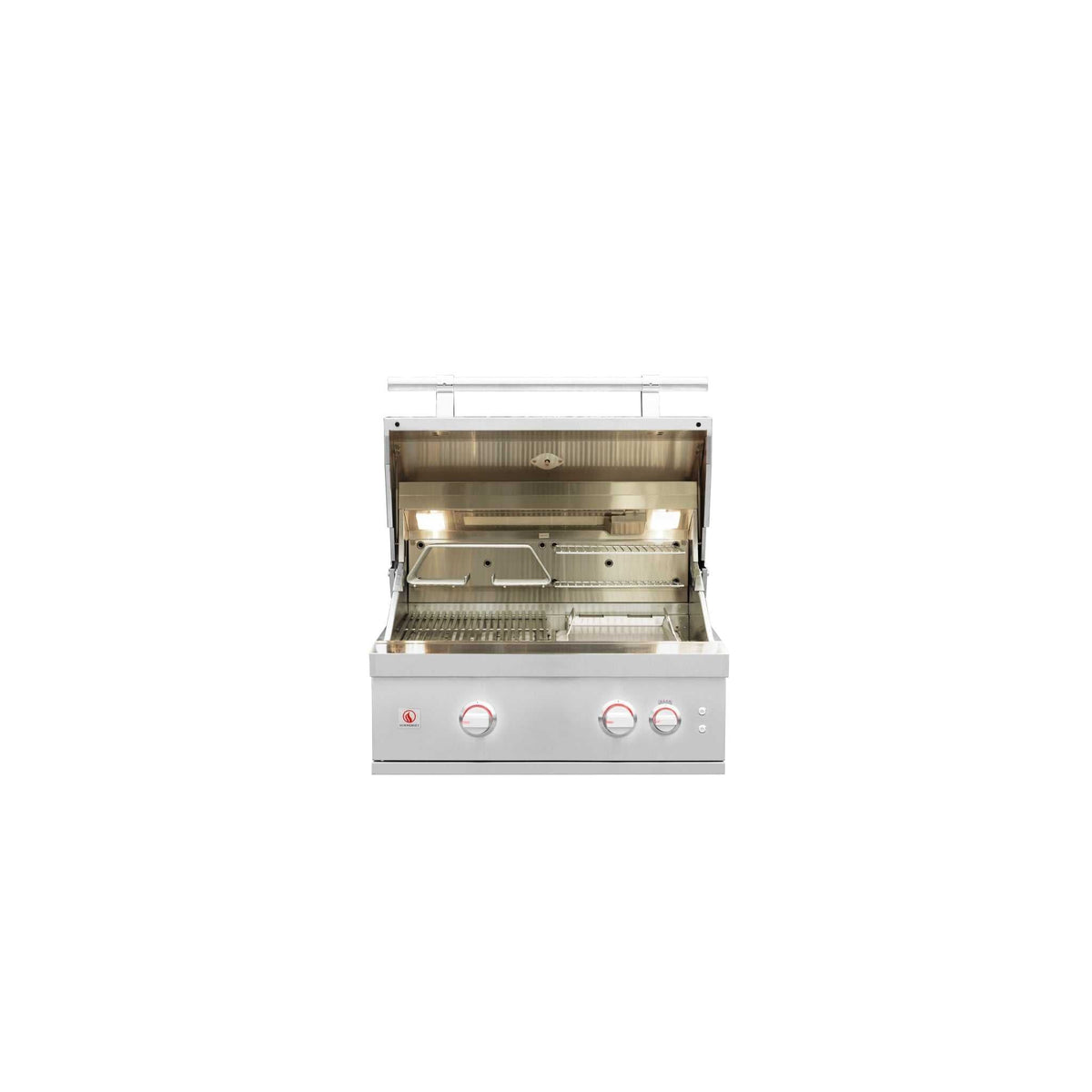 Summerset Quest 30" Grill stainless steel built-in gas grill with open hood, warming racks, cooking grates, and four controls
