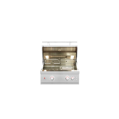 Summerset Quest 30" Grill stainless steel gas grill with open hood, interior lights, cooking grates, and four controls